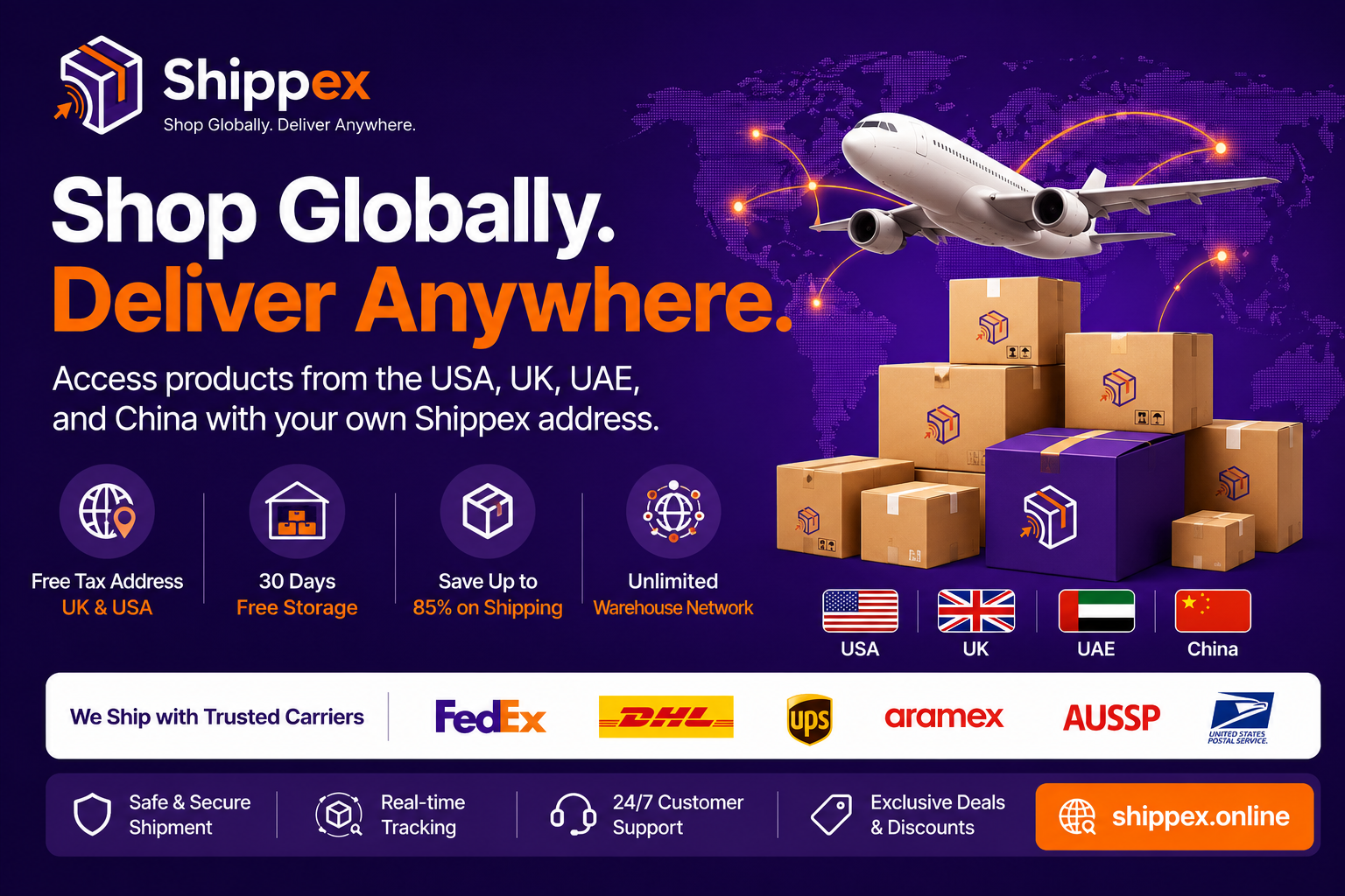 Shippex Free Tax Address in UK & USA – Shop Globally and Save Up to 85% on Shipping